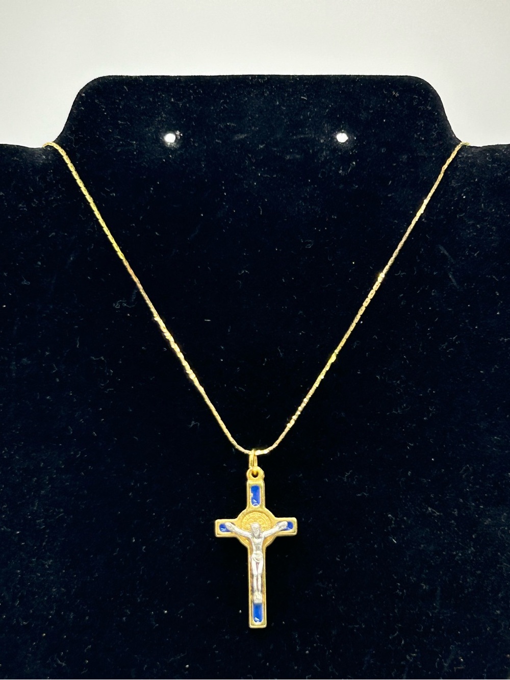 Double Sided St Benedict Gold Tone Blue Enamel Jesus Cross Crucifix
